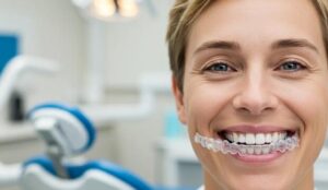 Smiling adult with Invisalign clear aligners in a modern dental office setting