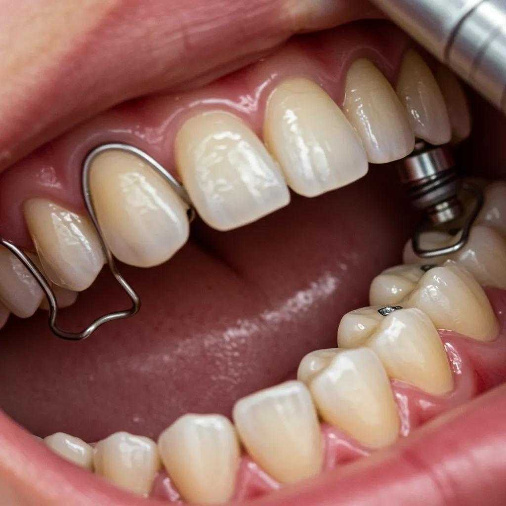 Close-up of an implant-supported overdenture fitting, showcasing attachment systems for enhanced stability