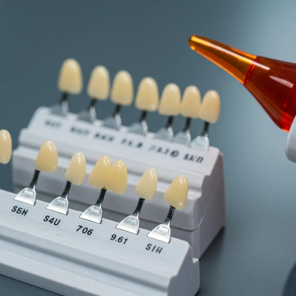 Close-up of dental bonding materials including composite resin and shade guide