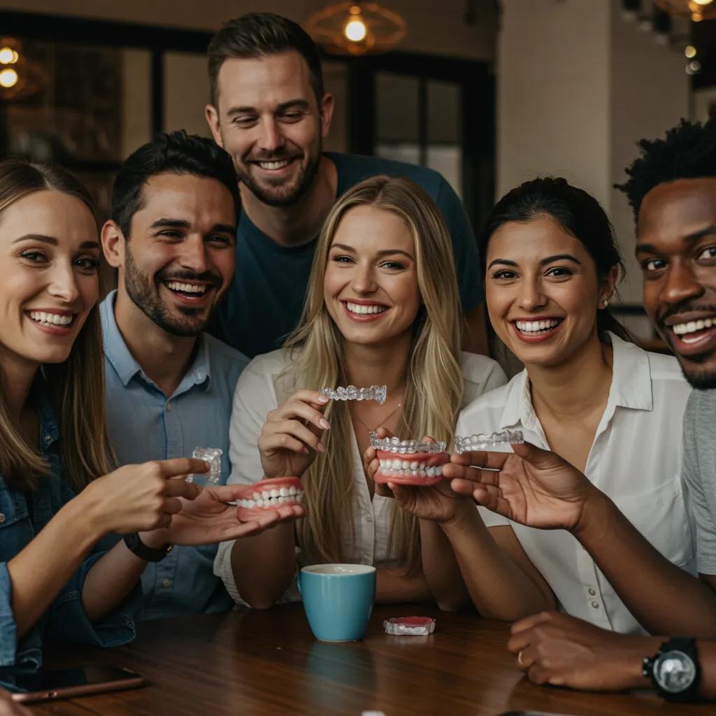 Group of diverse adults sharing Invisalign success stories in a casual setting