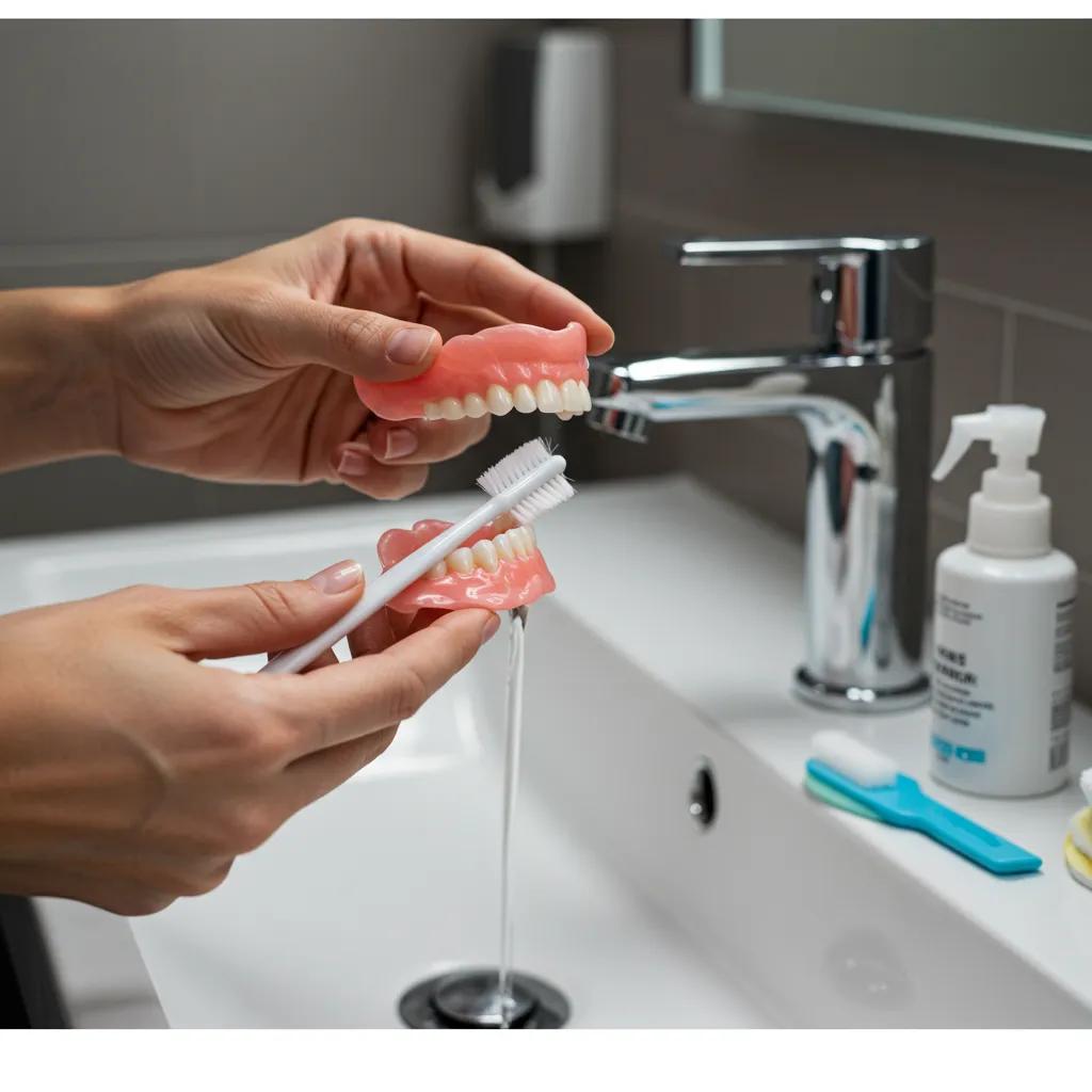 Person cleaning a removable overdenture, highlighting daily care and maintenance practices