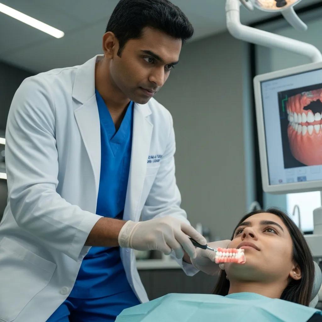 A dental professional meticulously reviewing advanced imaging of a patient's jawbone in a state-of-the-art dental office