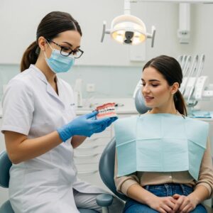 Dental bonding consultation with dentist and patient in a modern clinic
