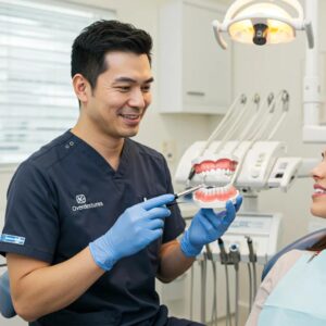 Dental consultation on overdentures showcasing a dentist and patient discussing comfort and stability