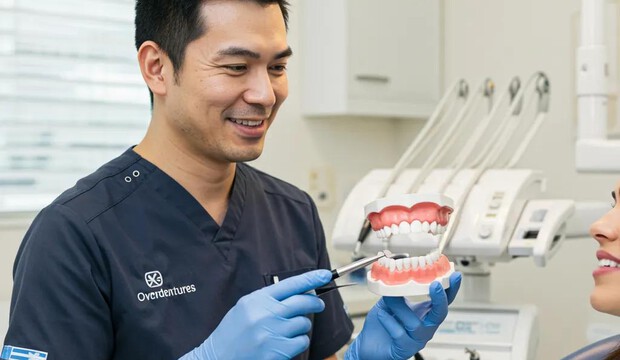 Dental consultation on overdentures showcasing a dentist and patient discussing comfort and stability