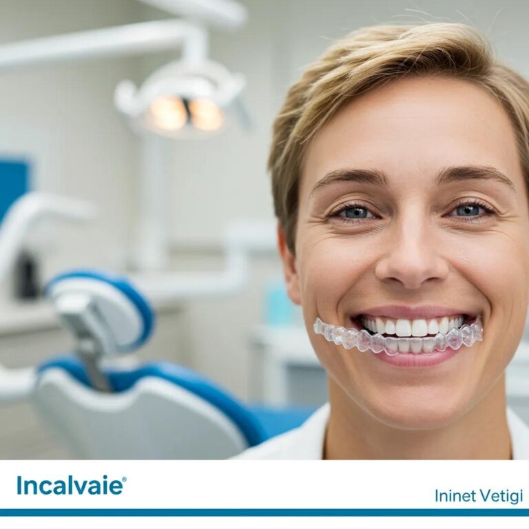 Smiling adult with Invisalign clear aligners in a modern dental office setting
