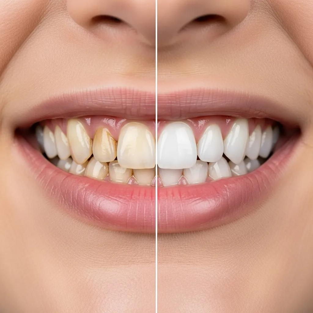 Close-up of a bright, white smile showcasing the results of an in-office teeth whitening procedure, emphasizing dramatic improvement in tooth color.