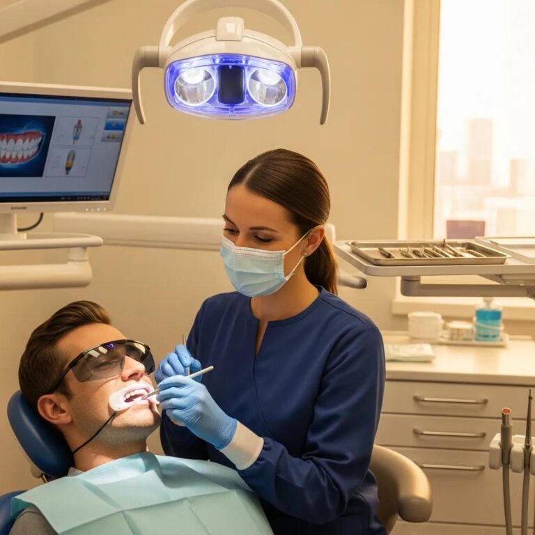 Dentist applying whitening gel to a patient during in-office teeth whitening procedure in a modern dental office setting.