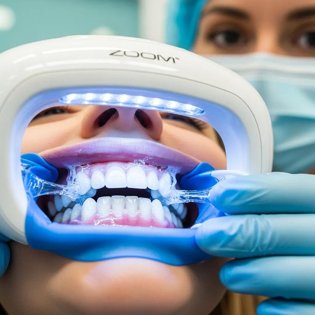 Dental professional using Zoom whitening technology on a patient's teeth, showcasing the whitening process in an in-office setting.