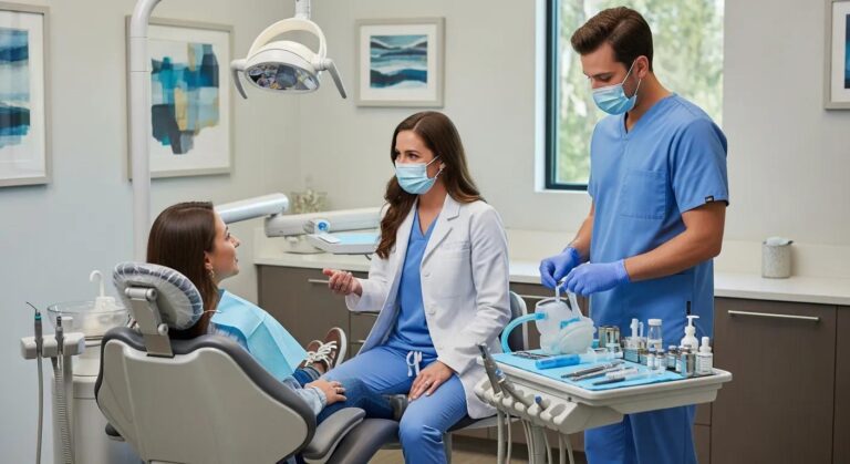 Comfortable dental office scene with a patient in a chair, dentist and assistant preparing for sedation and anesthesia