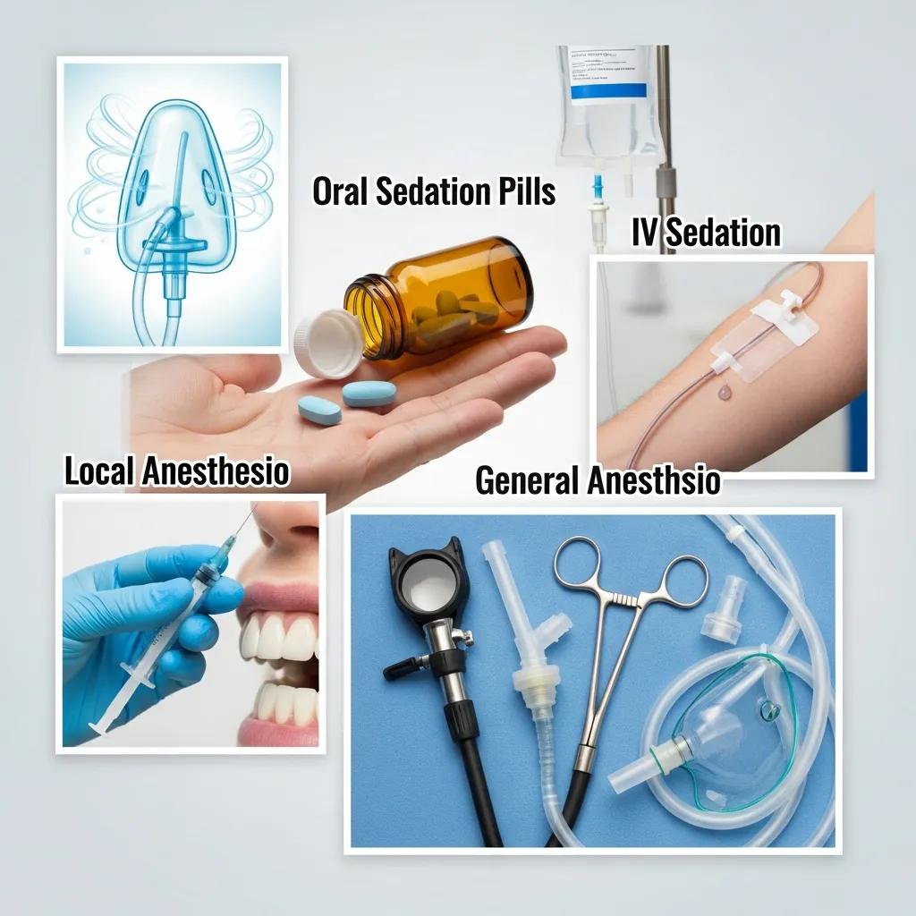Collage of dental sedation and anesthesia types: nitrous oxide, oral sedation, IV sedation, general anesthesia, and local anesthesia