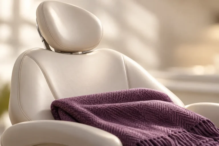Illustration of a dental chair with a soft plum-colored blanket.