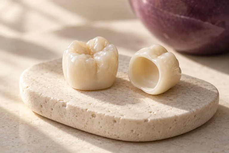 Illustration of two tooth-colored dental crowns, showing their outer and inner surfaces.