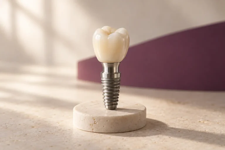 Illustration of a dental implant supporting a tooth-colored crown.