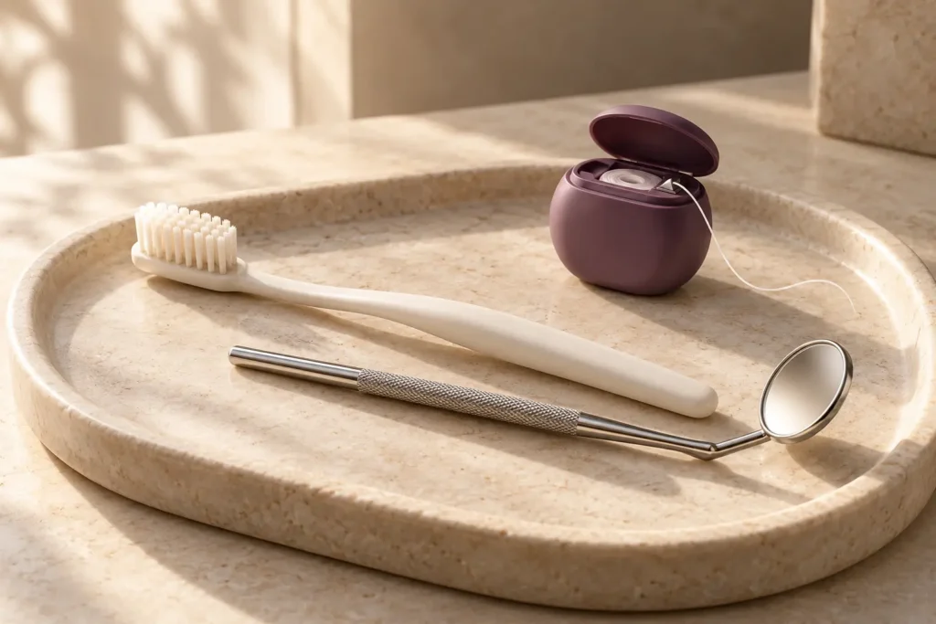 Illustration of a toothbrush, dental floss and a dental mirror on a tray.