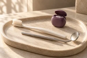 Illustration of a toothbrush, dental floss and a dental mirror on a tray.